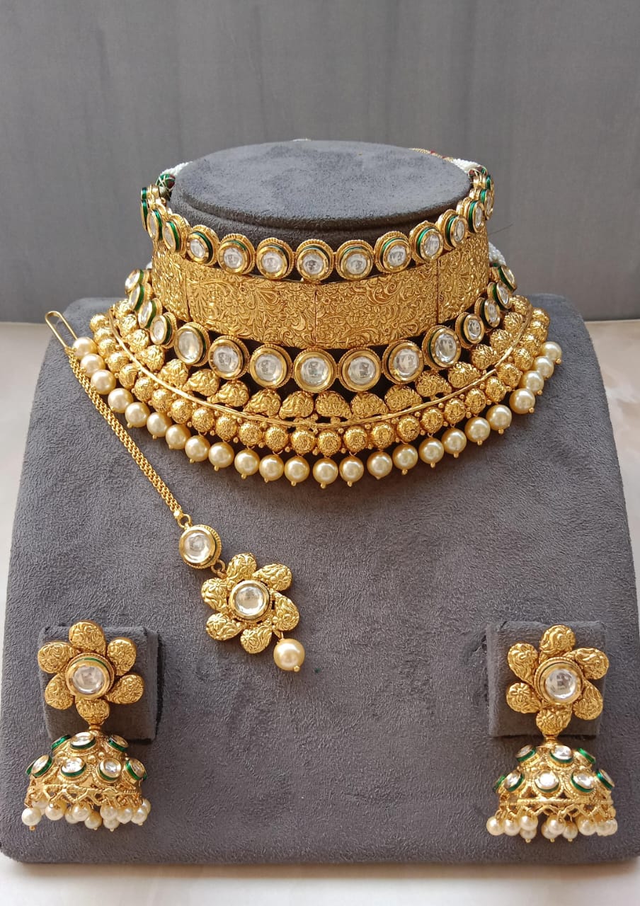 Royal Antique Gold Nakshi & Kundan Bridal Choker Set with Pearl Clusters