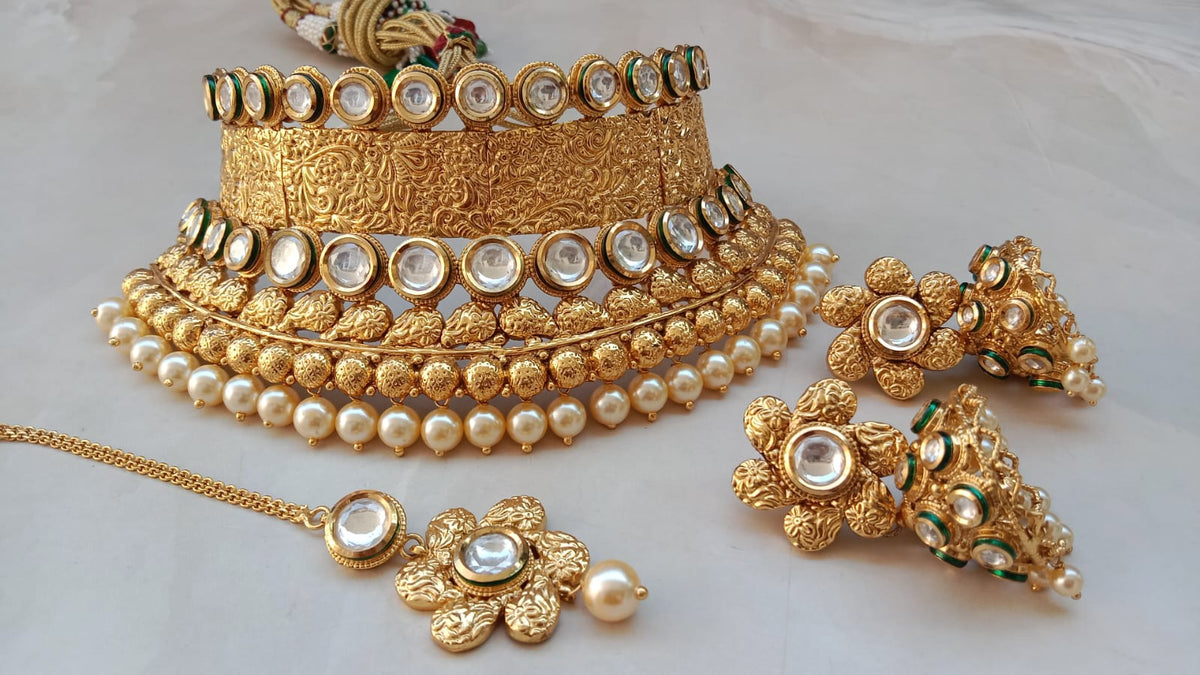 Royal Antique Gold Nakshi & Kundan Bridal Choker Set with Pearl Clusters