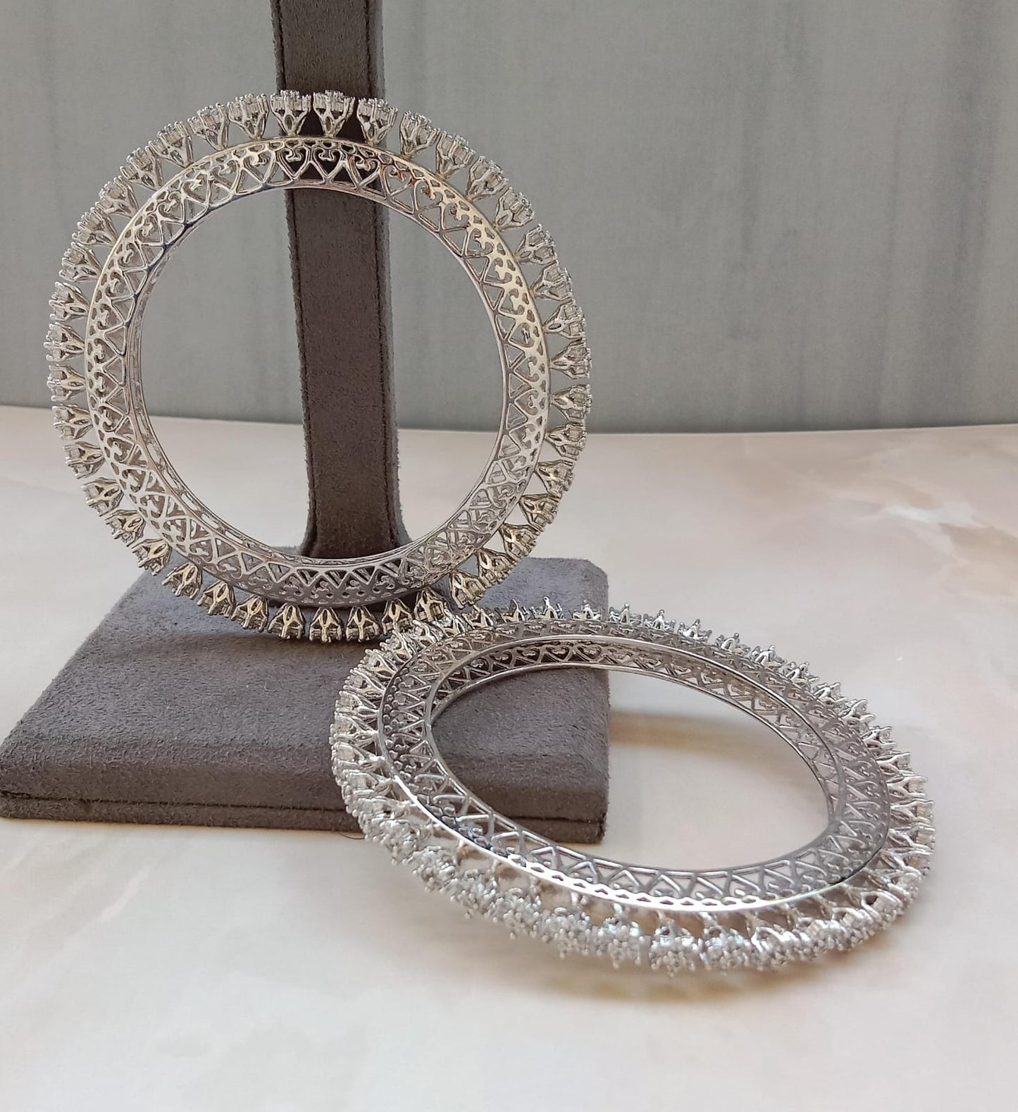 Rhodium Plated Designer Bangle Set – Elegant Stone Studded Party Wear Bangles