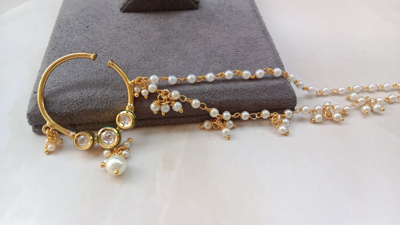 Kundan Nose Ring with Pearl Drop & Double Pearl Chain – Gold Plated