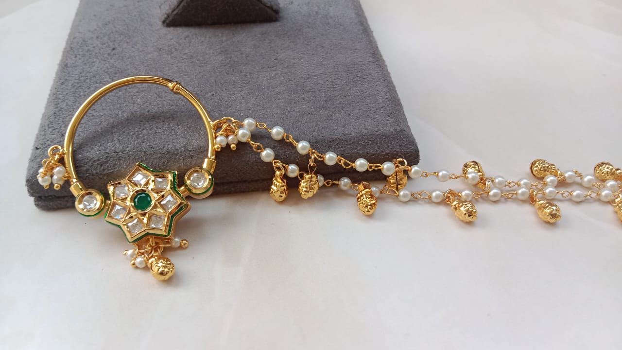 Kundan Floral Nath with Green Enamel & Pearl Chain