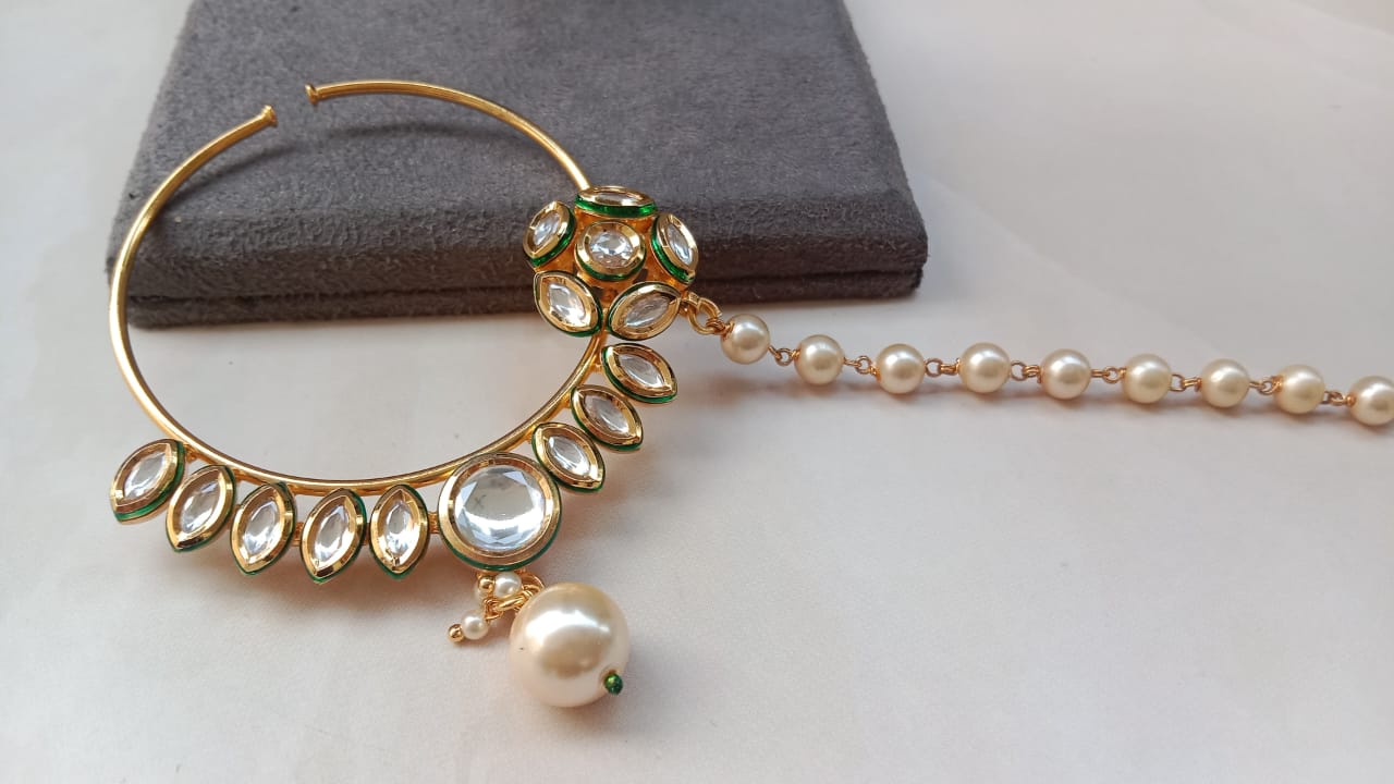 Kundan Bridal Nath with Pearl Chain & Gold Plating