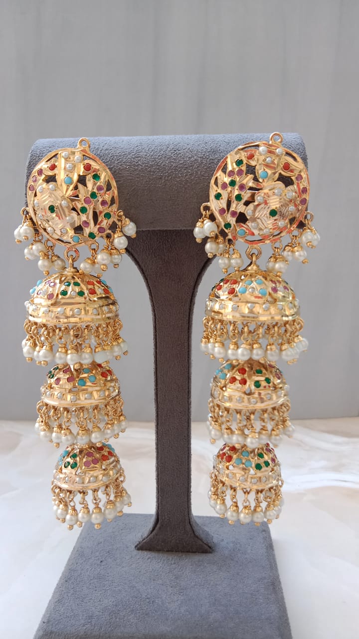Jhumki with Ruby & Green Stones in Golden-Plated Jadau Design
