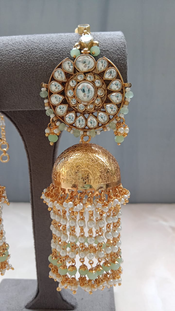 Luxury Gold Plated Polki Long Jhumki Earrings with Pearl & Pink Bead Tassels | Bridal Statement Jewellery