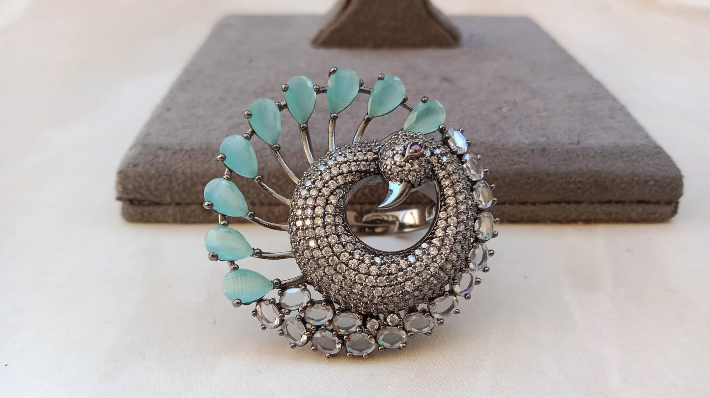 Victorian plated Peacock Adjustable Ring with Mint Stone
