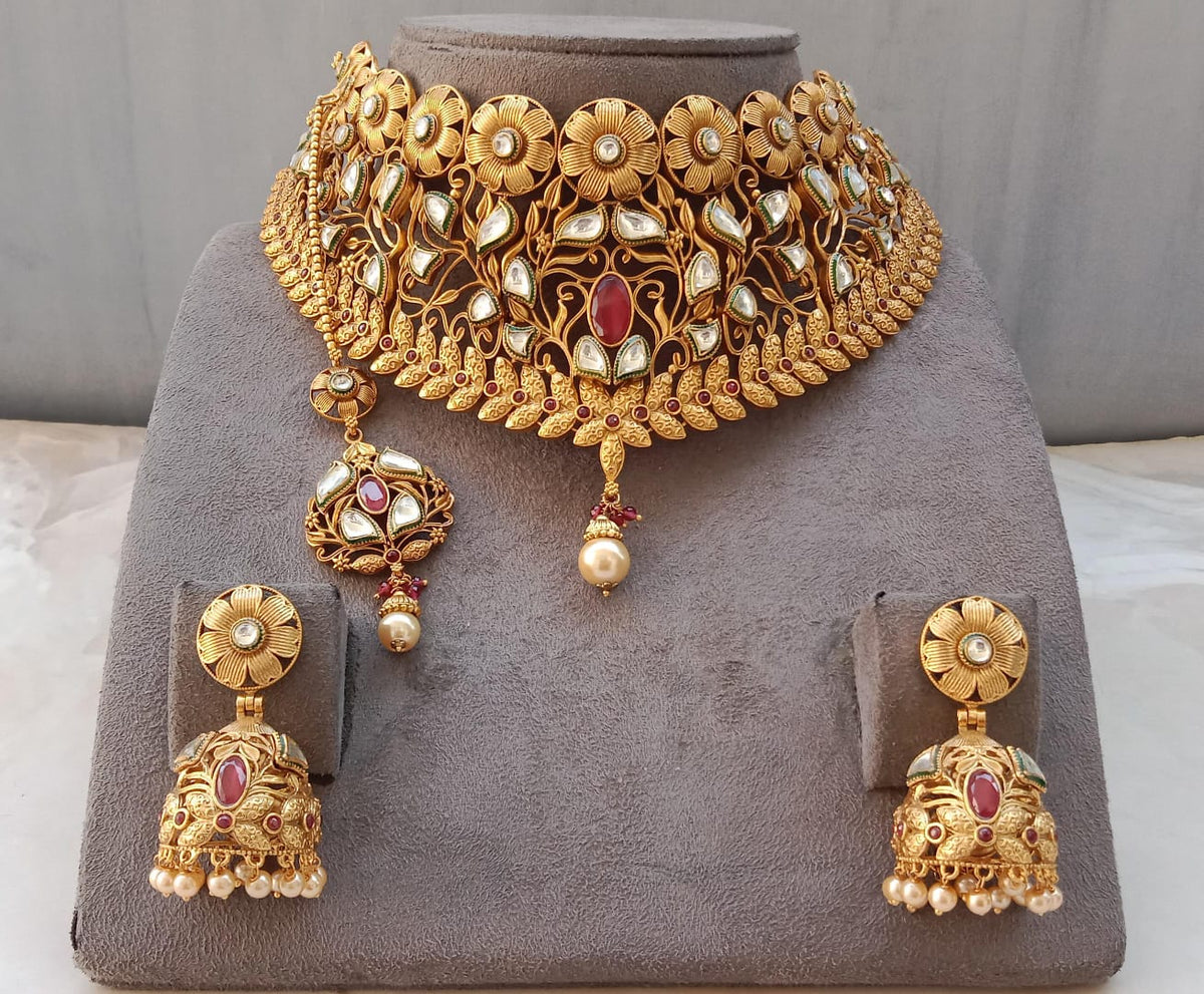 Royal Antique Gold Filigree Bridal Choker Set with Ruby & Kundan Accents