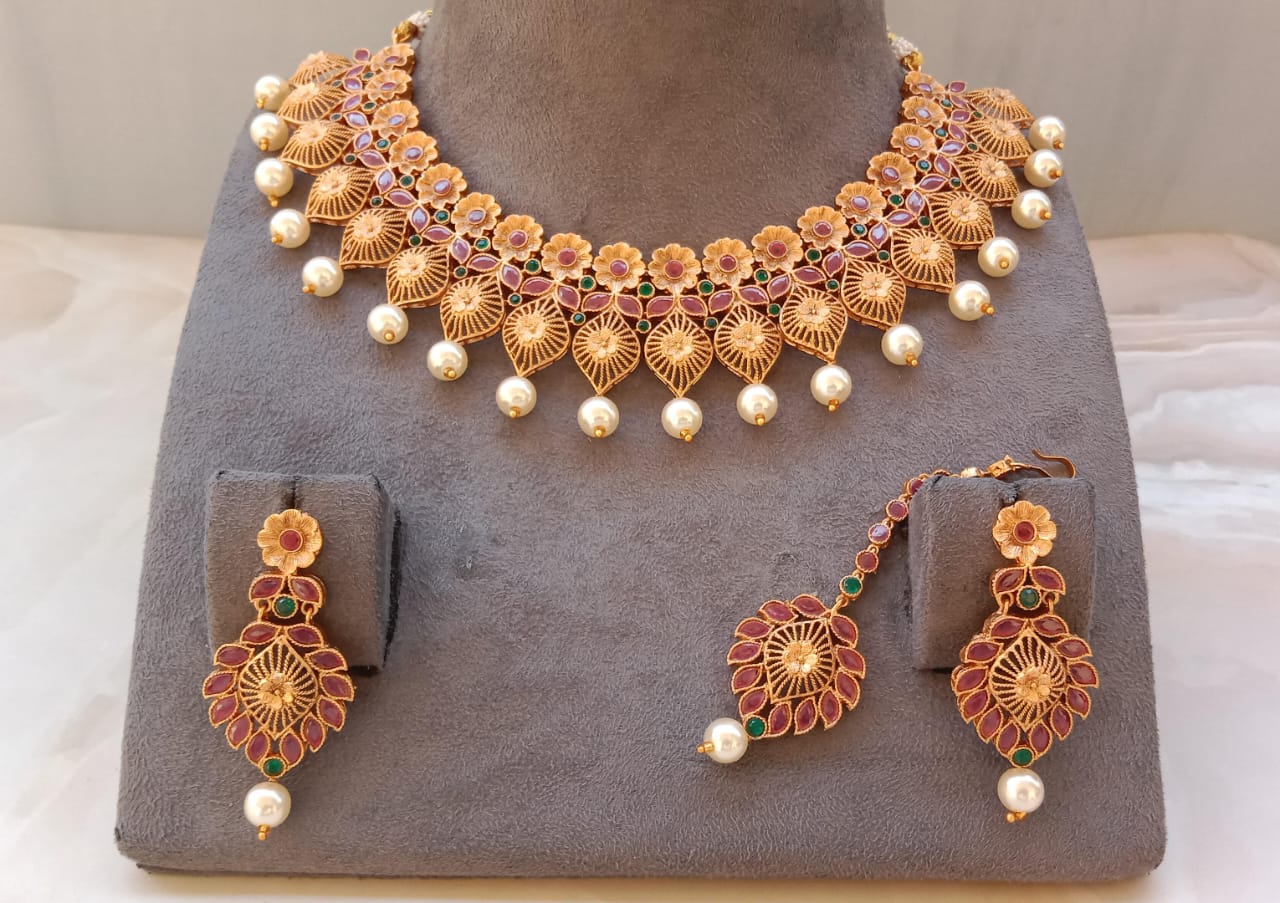 Gold Plated Set with Ruby Stones, Earrings & Tikka