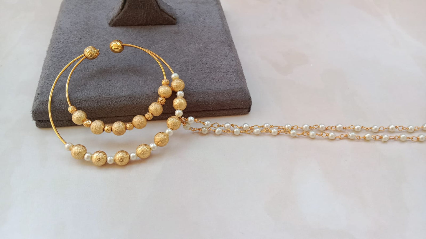 Gold-Plated Double-Hoop Nosering with Textured Beads & Pearl Chain