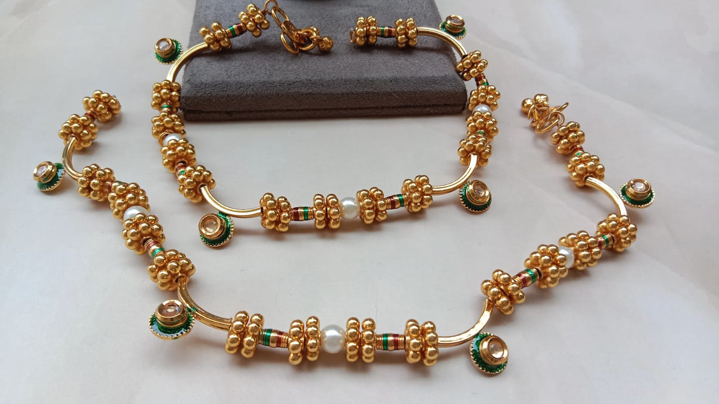 Traditional Gold-Plated Beaded Payal with Kundan & Pearl Accents