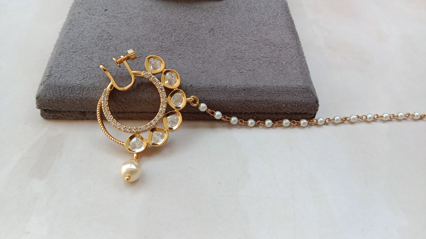 Kundan Stone Gold-Plated Screw Nose Ring with Pearl Chain – Available in Pearl & Pink Drop Variants