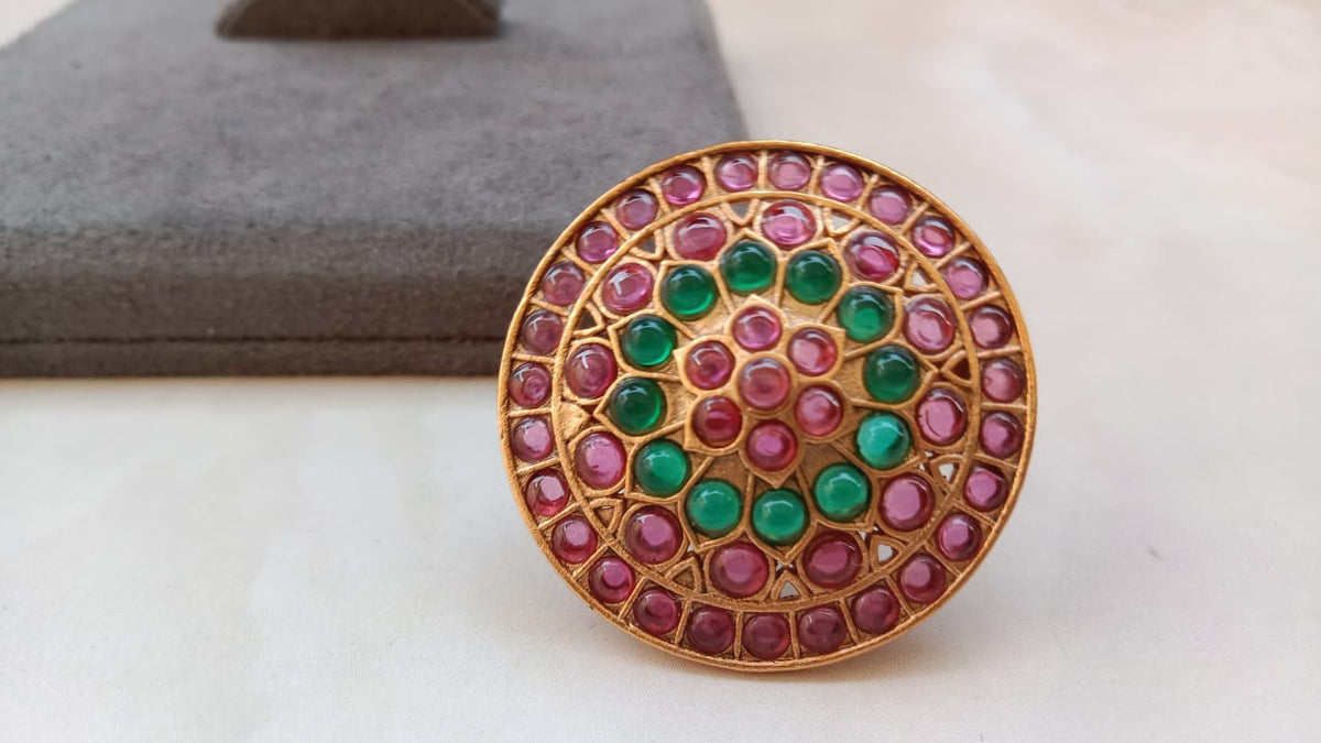Gold Plated Multicolour Adjustable Statement Ring for Women