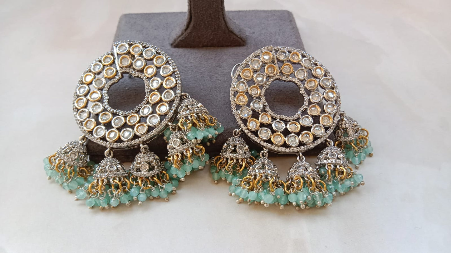 Kundan Round Chandbali Earrings with Mint Bead Jhumka Drops