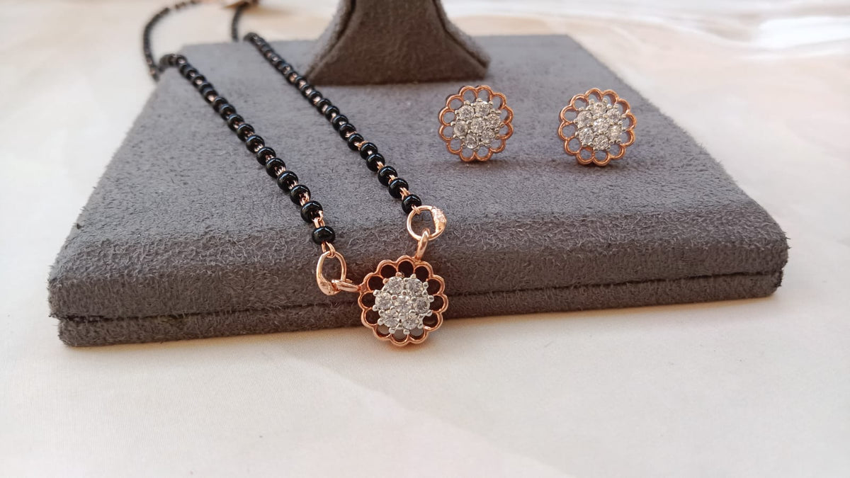 Floral Cluster Solitaire Mangalsutra Set with Scalloped Border Matching Earrings – Available in Rose Gold, Silver, and Yellow Gold Plating