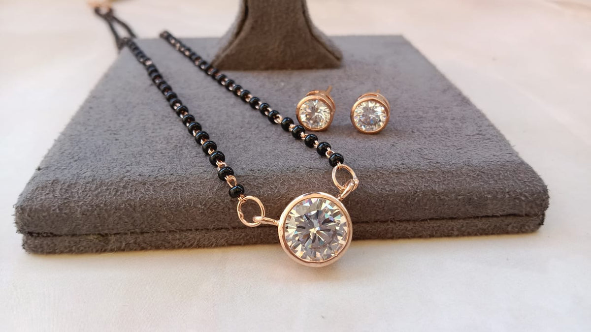 Elegant American Diamond Mangalsutra Set with Matching Earrings – Gold Plated, Rhodium Plated & Rose Gold Plated