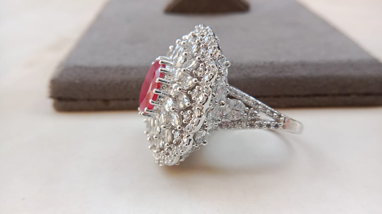 Elegant AD Ruby Rodium-Plated Ring