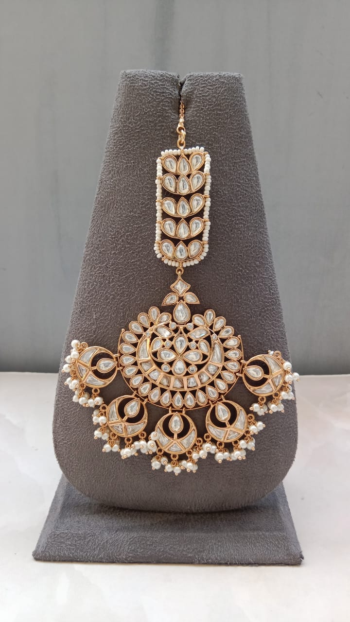 Polki Diamond Tikka with Gold Plating – Green Stone & Pearl Variants