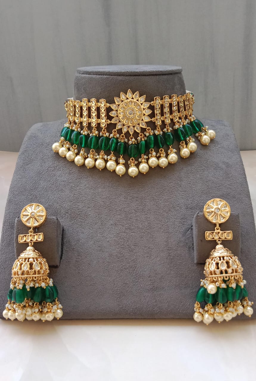 Royal Kundan Choker Necklace Set with Jhumkas
