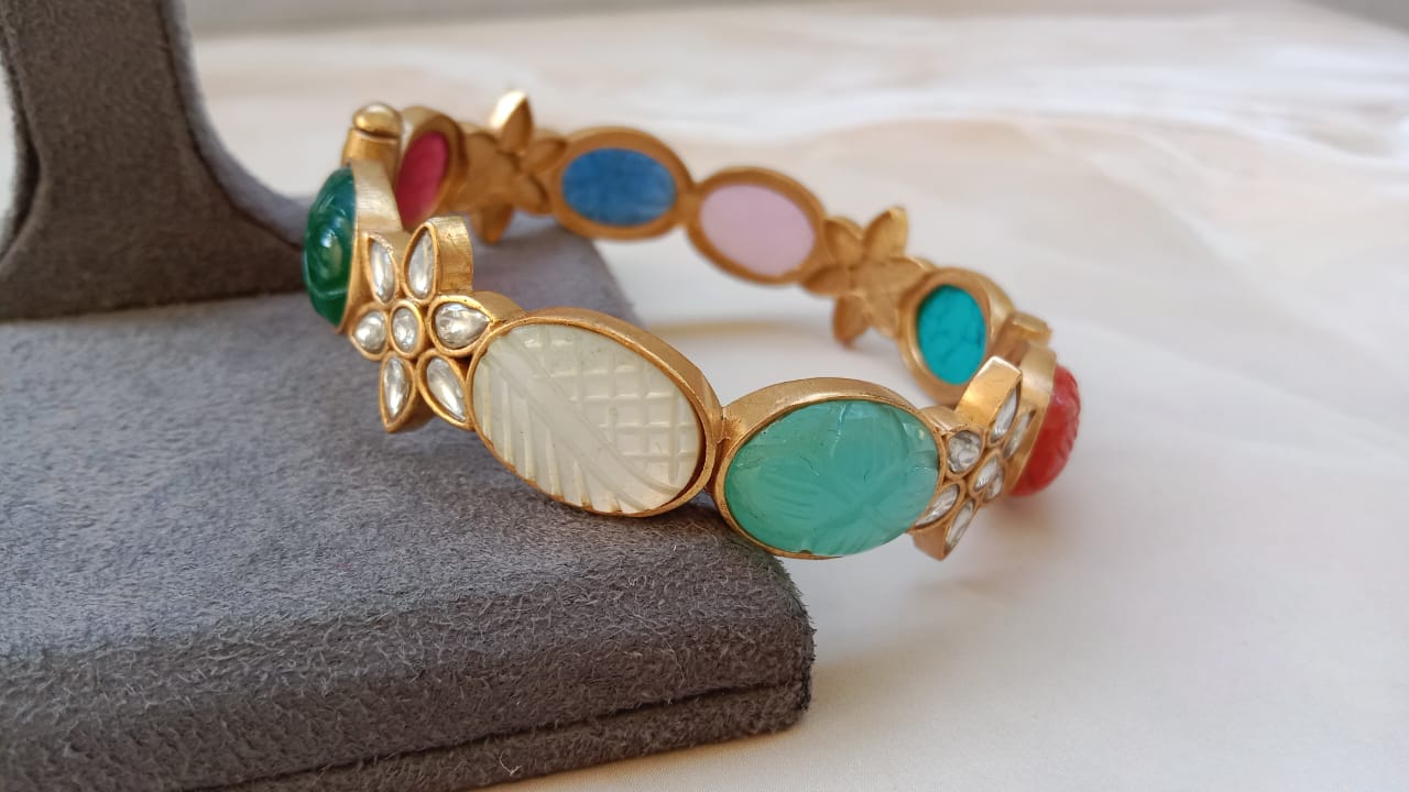 Multicolor Carved Stone Bangle with Kundan Floral Accent