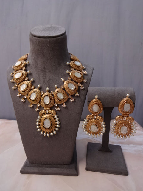 Antique Gold Carved Mother-of-Pearl Choker Set with Pearl Drops