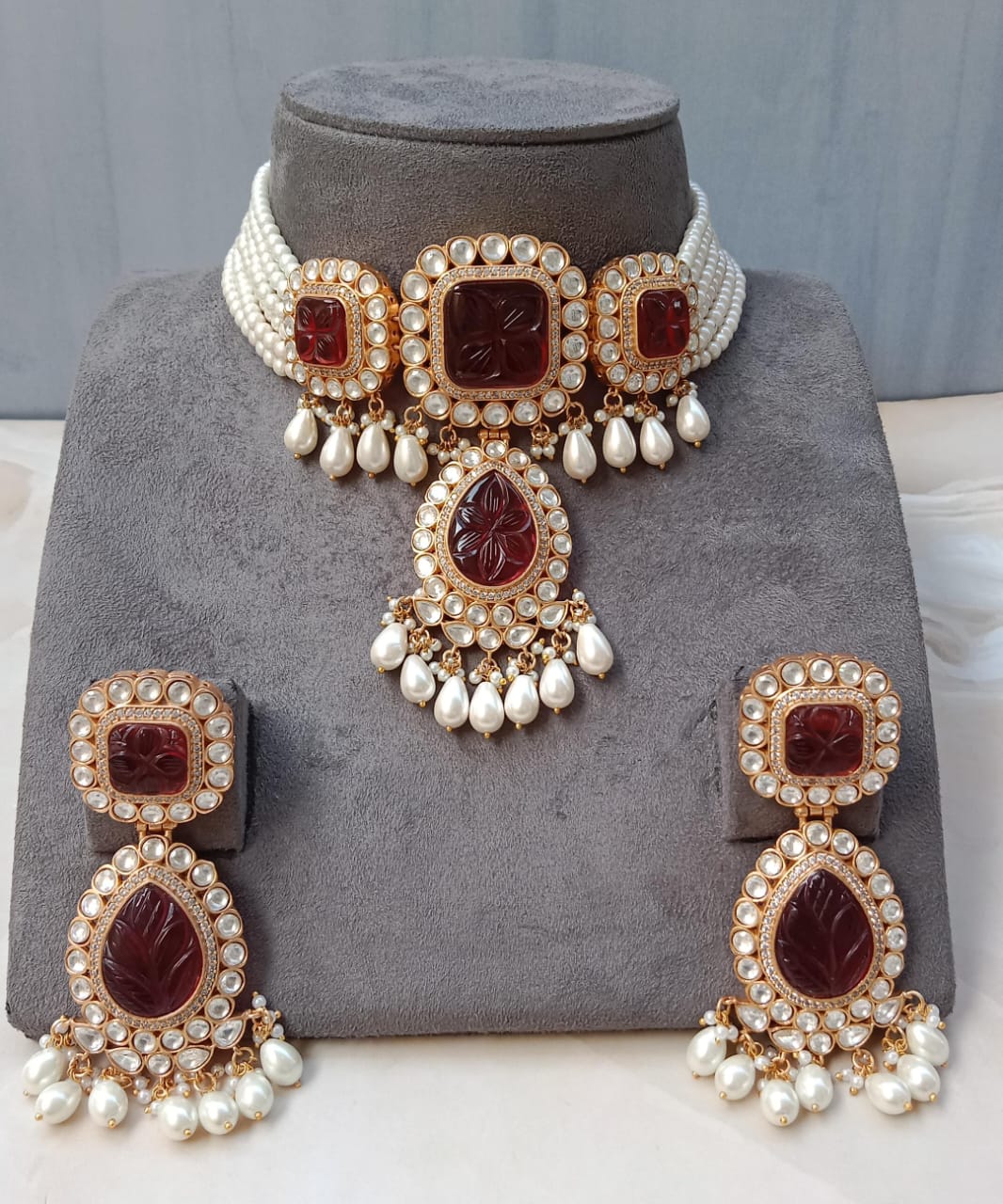 Royal Ruby Carved Stone Kundan Polki Pearl Set