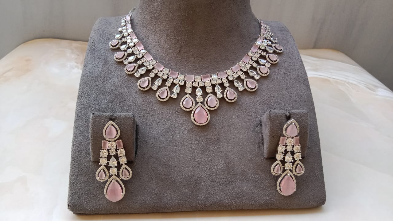 Pink American Diamond Necklace Set