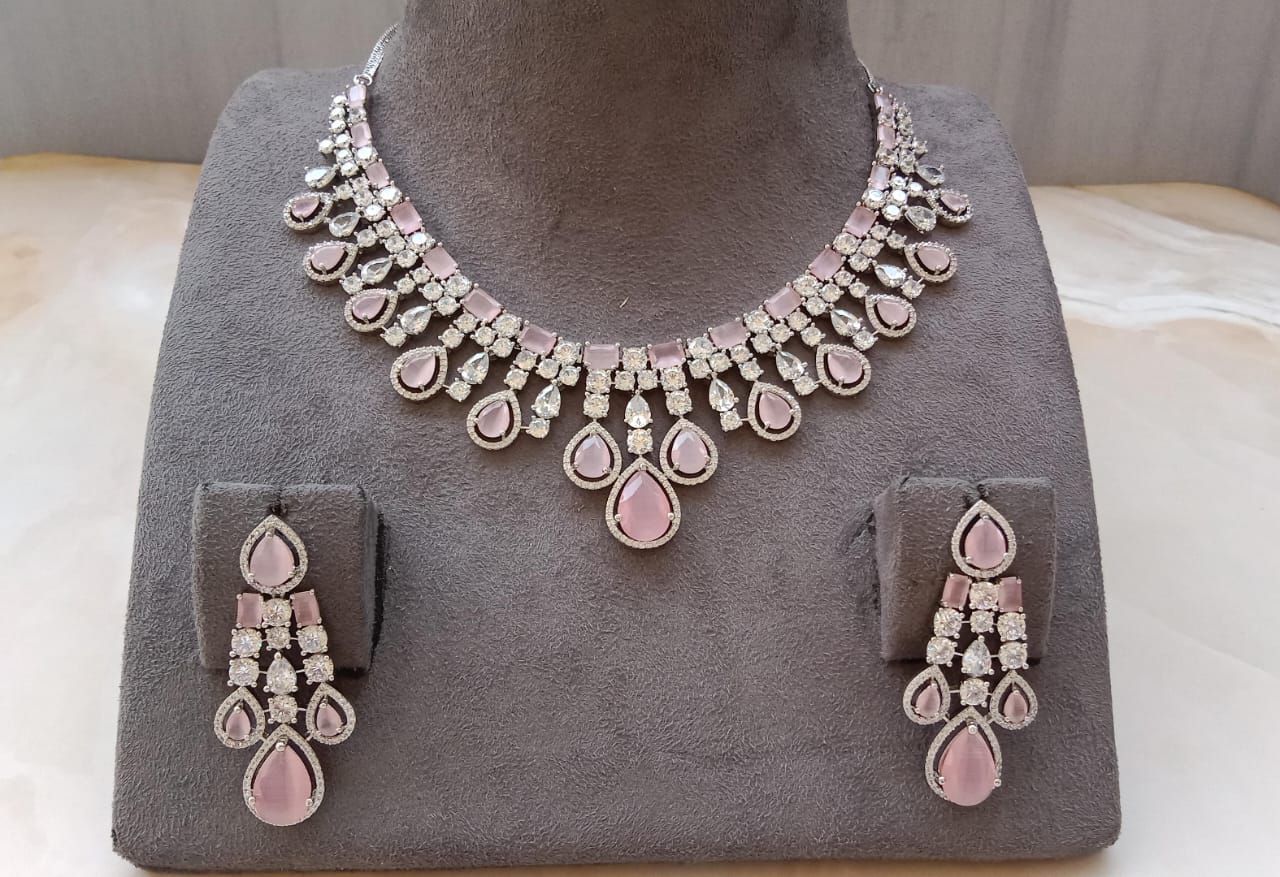 Pink American Diamond Necklace Set