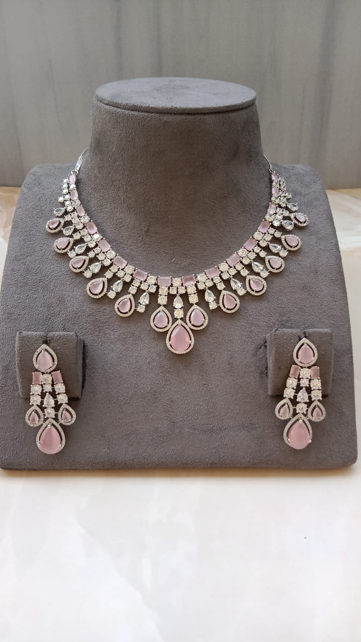 Pink American Diamond Necklace Set