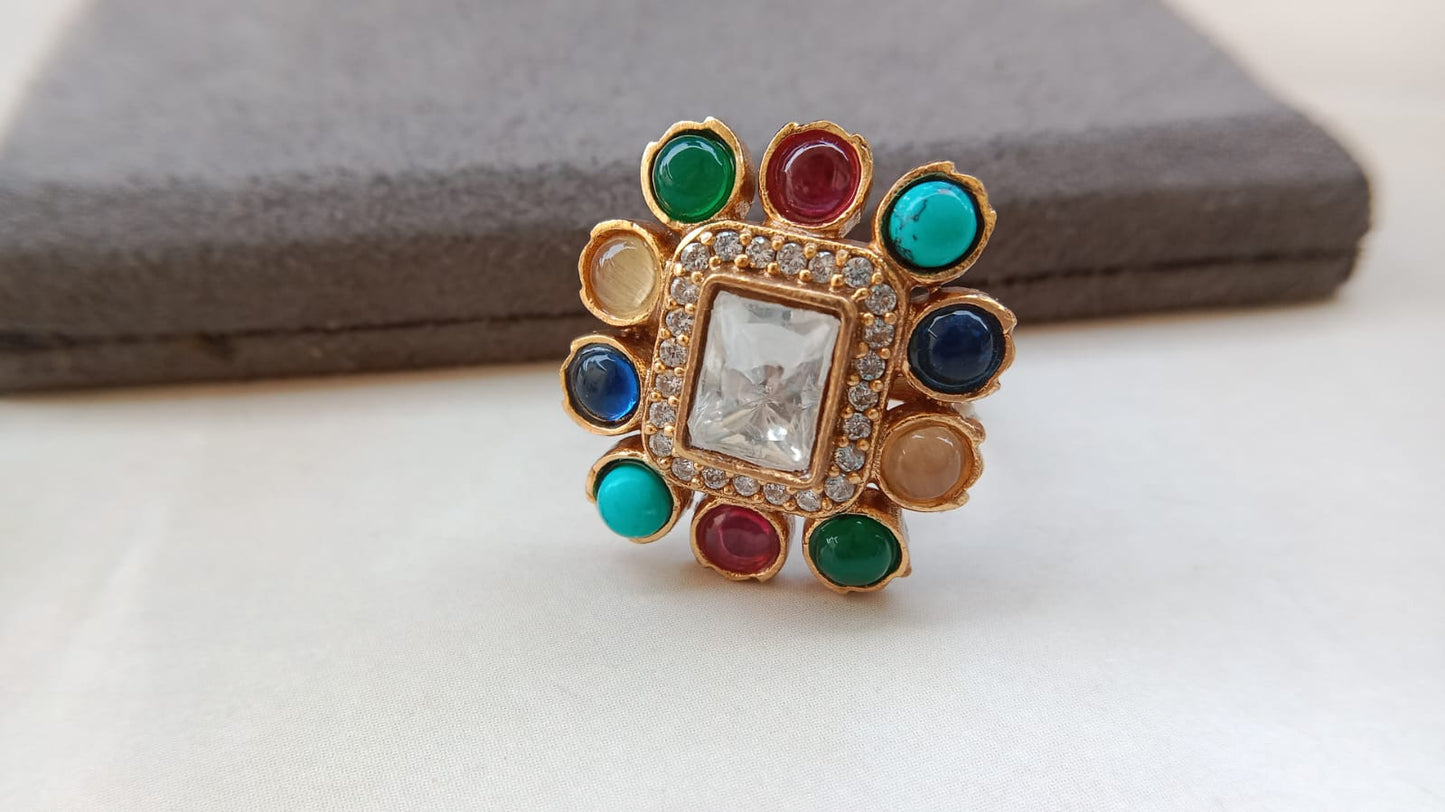 Polki Ring with Multicolor Stones and Gold Plating