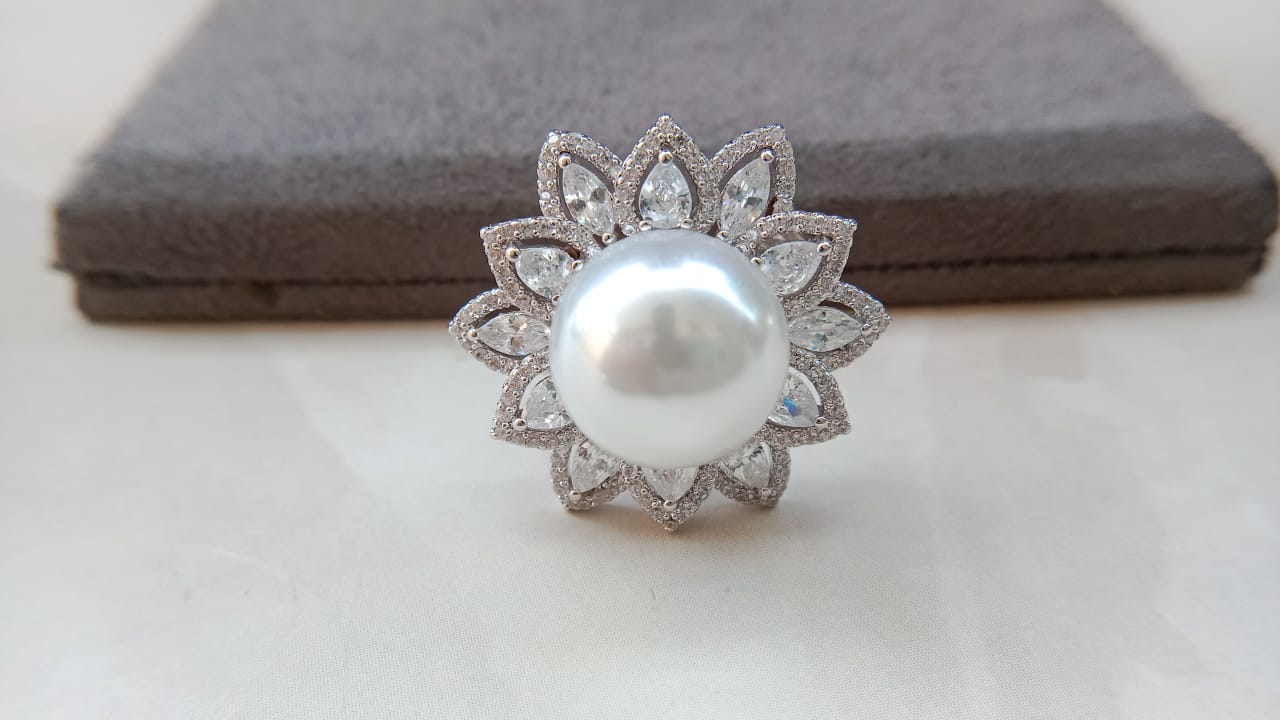 AD Pearl Adjustable Ring with AD Stones