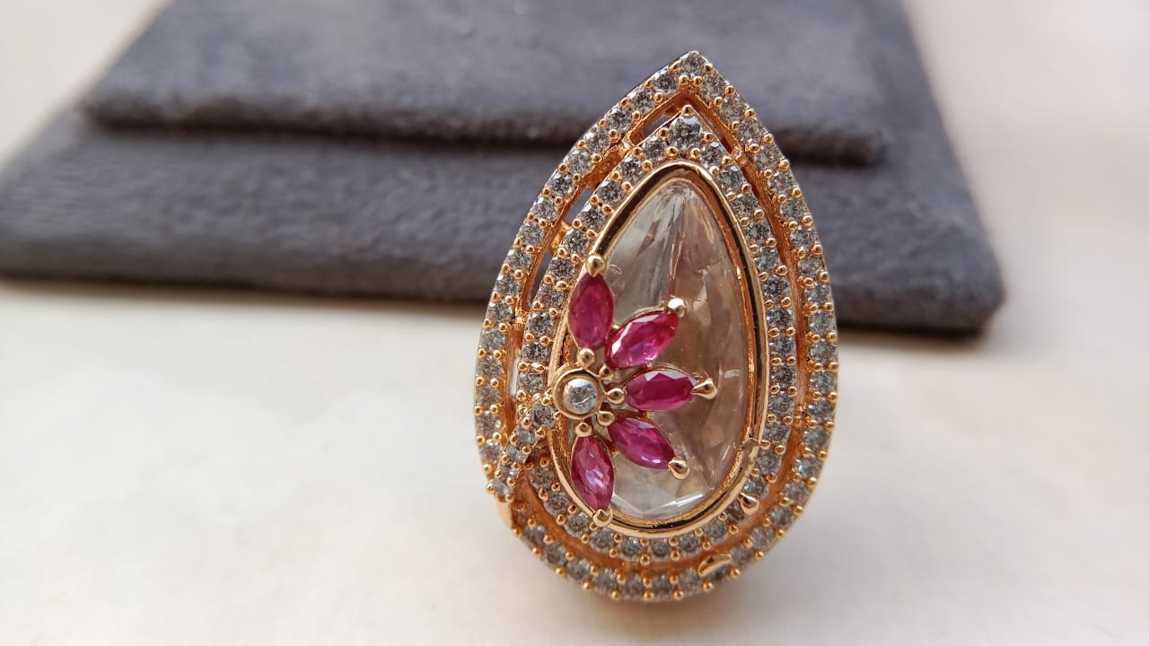 Teardrop Ruby Floral AD Ring with Double Halo Design