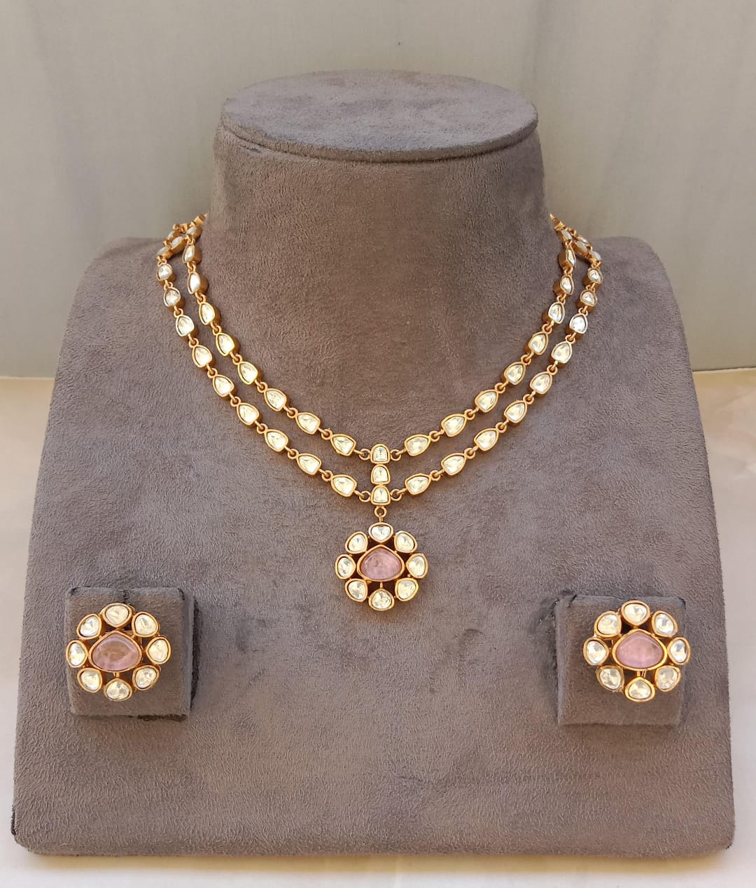 Double Line Gold plated Polki Necklace set
