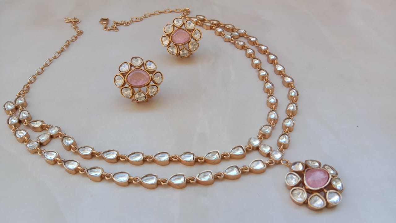 Double Line Gold plated Polki Necklace set