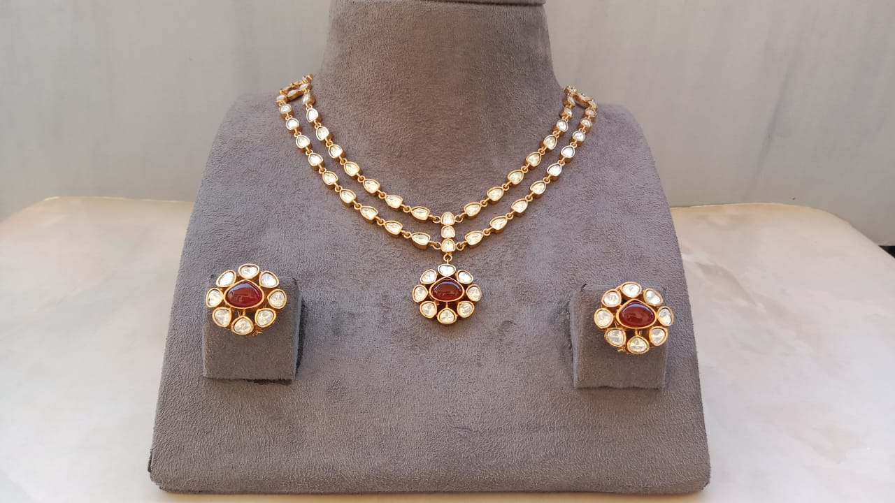 Double Line Gold plated Polki Necklace set Ruby