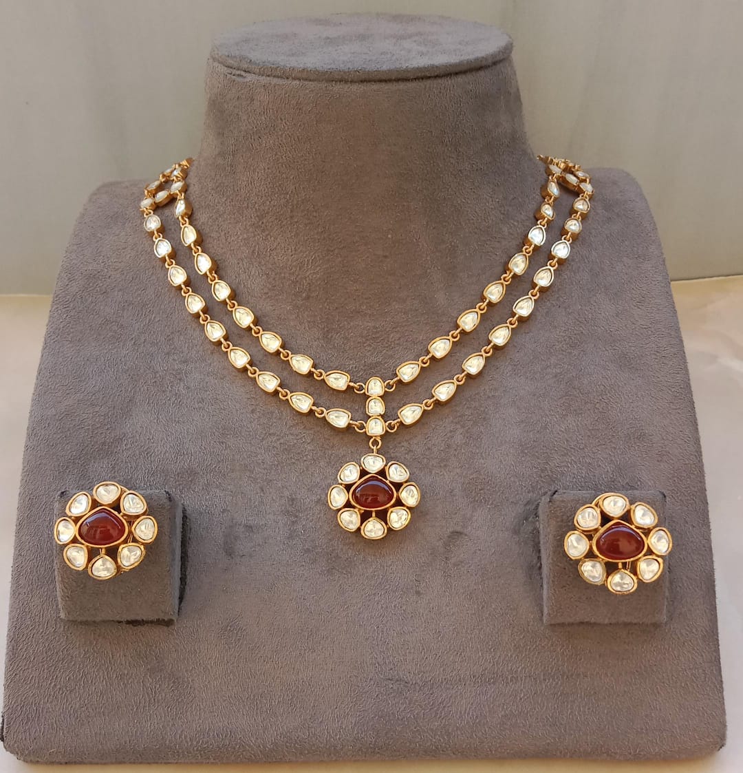 Double Line Gold plated Polki Necklace set Ruby