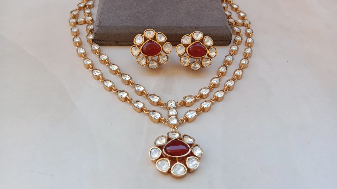 Double Line Gold plated Polki Necklace set Ruby