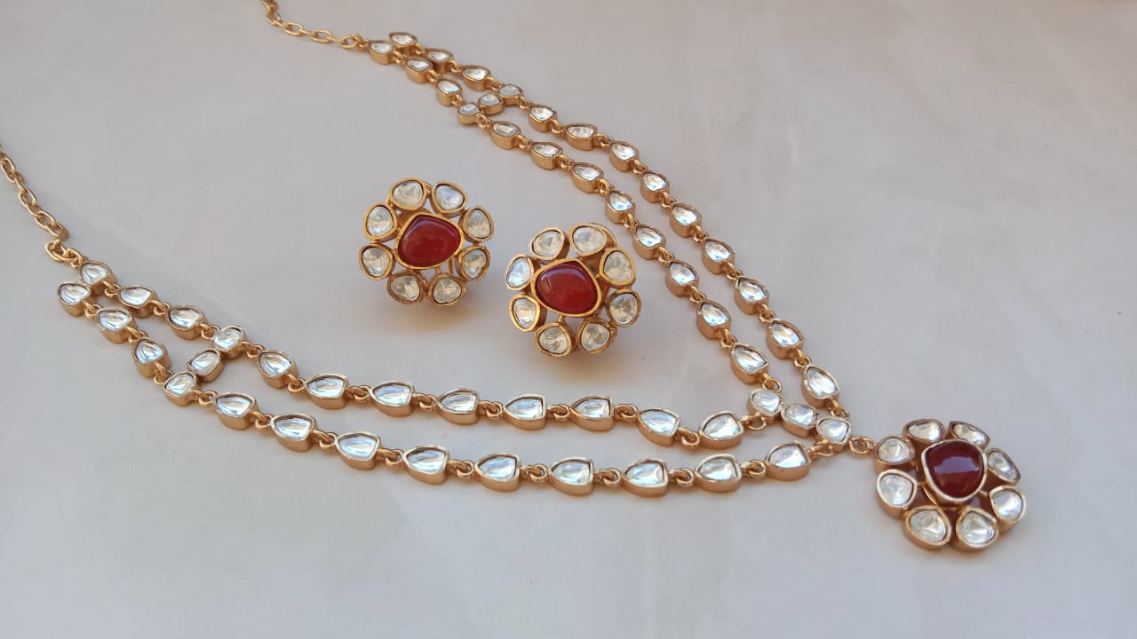 Double Line Gold plated Polki Necklace set Ruby