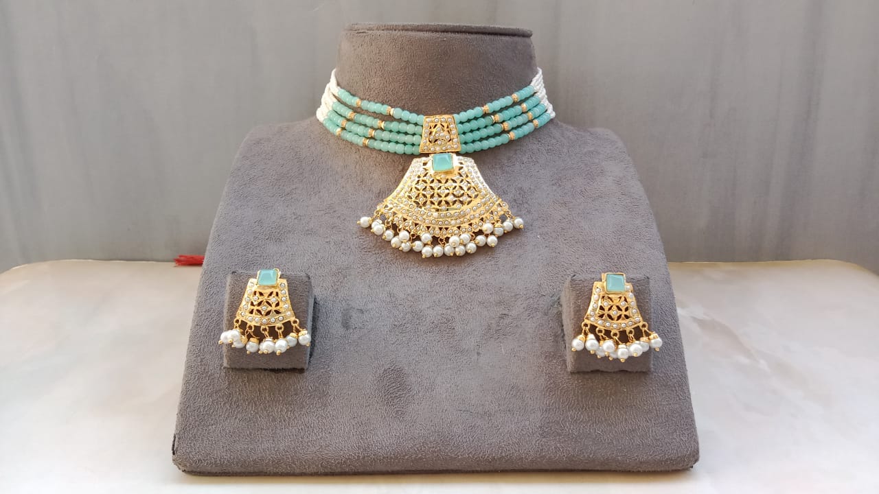 Jadau Set with Aqua Pearl String & Aqua Stone Center piece Gold Plated