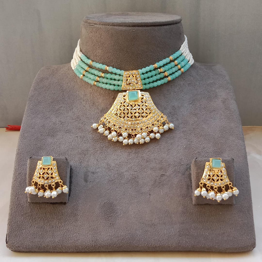 Jadau Set with Aqua Pearl String & Aqua Stone Center piece Gold Plated