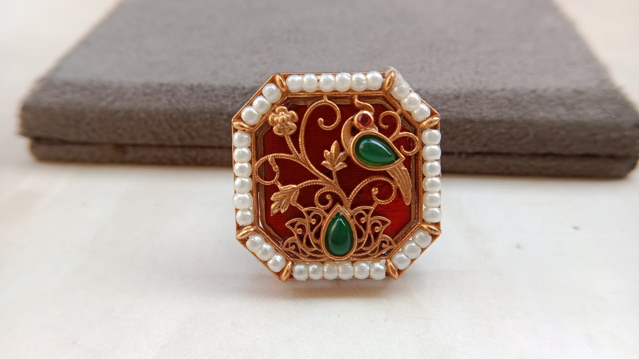 Peacock Design Adjustable Ring with Golden Plating
