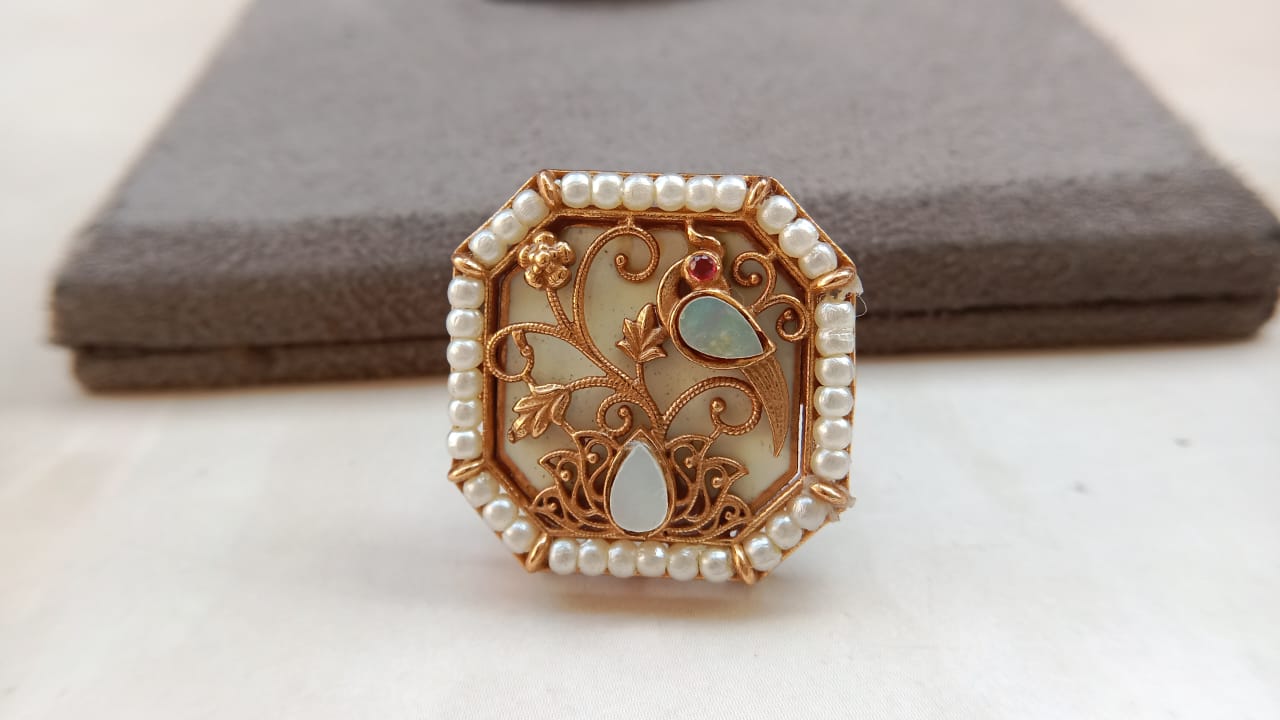 Peacock Design Adjustable Ring with Golden Plating