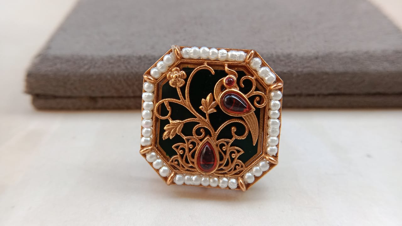 Peacock Design Adjustable Ring with Golden Plating