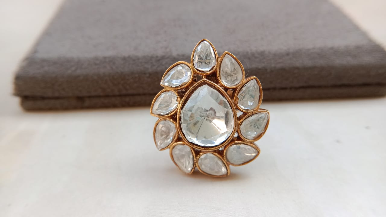Polki Diamond Adjustable Ring with Gold Plating