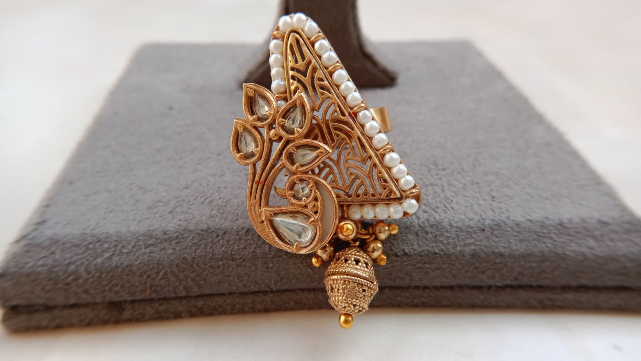 Polki Gold-Plated Peacock Ring with Golden Ball Drops – Adjustable