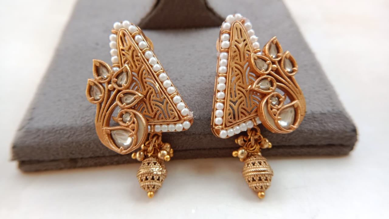 Peacock Design Earrings with Golden Drop & Gold Plating