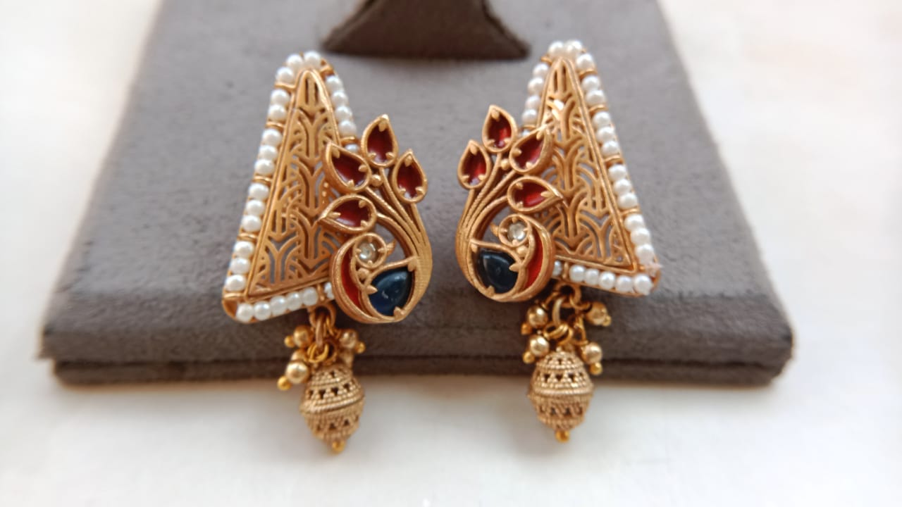 Peacock Design Earrings with Golden Drop & Gold Plating