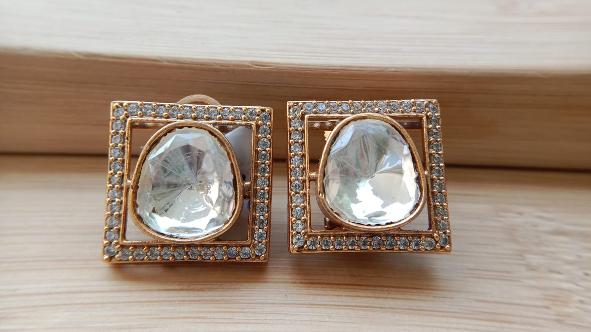Gold-Tone Square Statement Earrings with Clear Stones