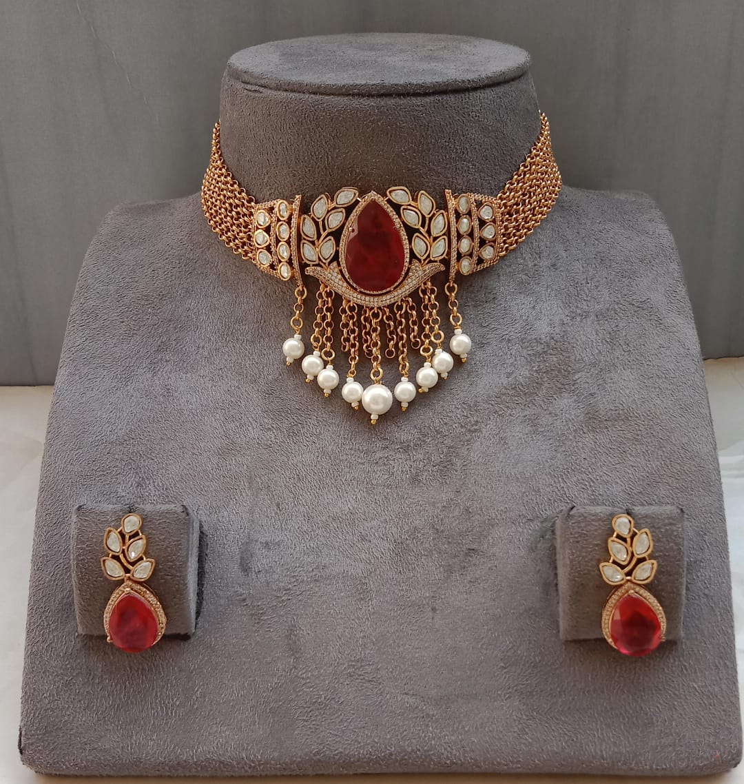 Polki Diamond Look Choker Set with Elegant Pearl Drops