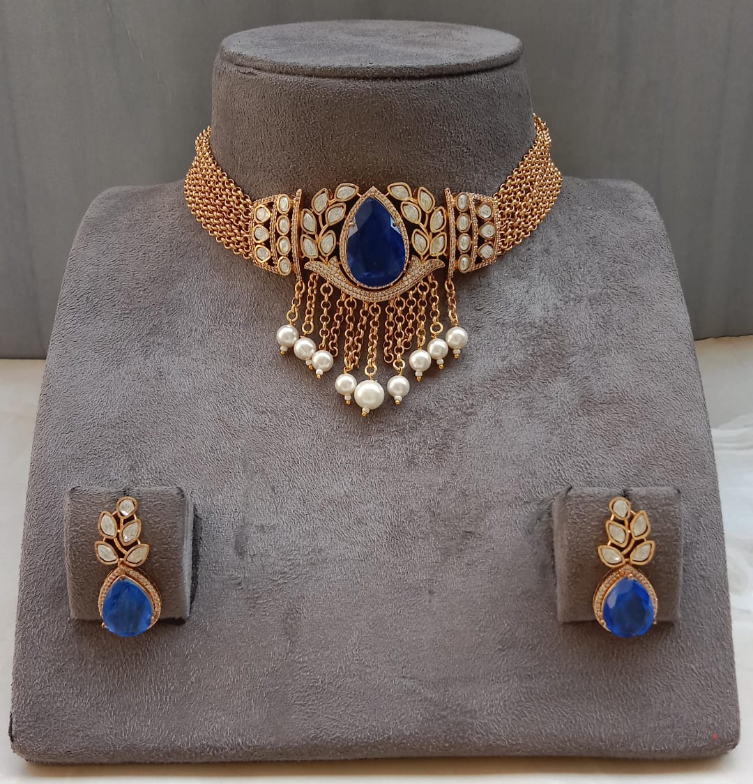 Polki Diamond Look Choker Set with Elegant Pearl Drops