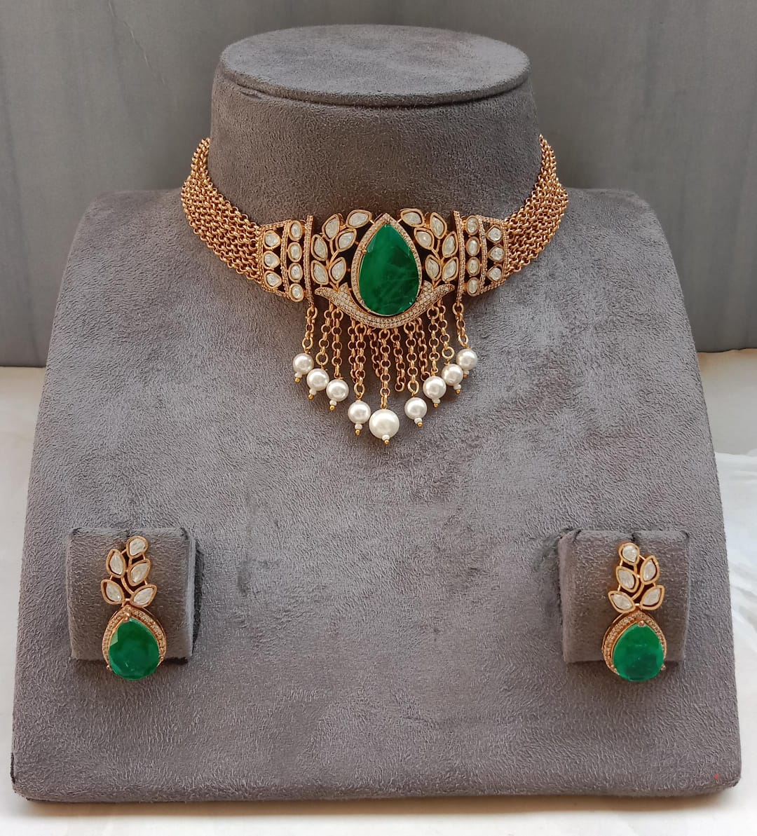 Polki Diamond Look Choker Set with Elegant Pearl Drops