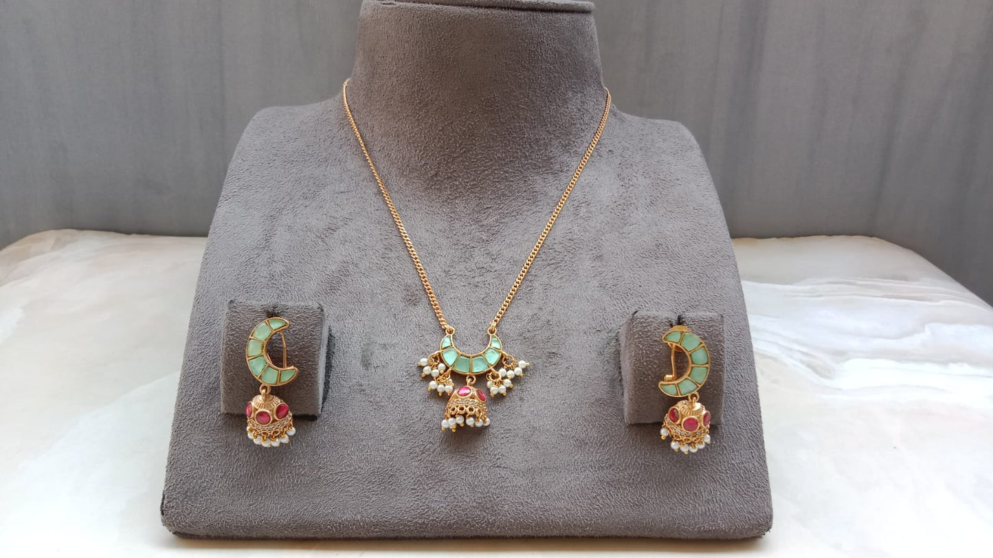 Gold Plated Mint Green Pendant Set with Jhumki Earrings